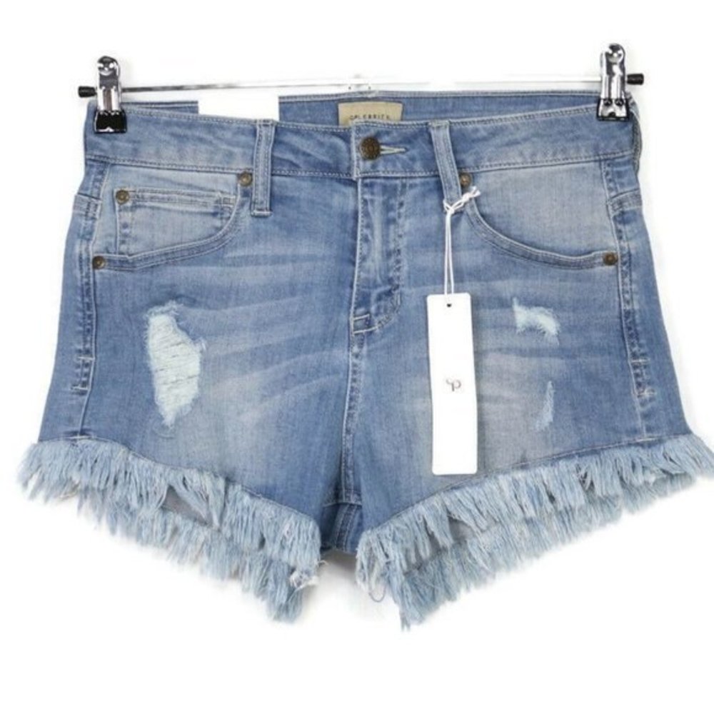 Celebrity Pink Cut Off High Rise Jean Shorts Distressed Frayed Stretch 5‎ 27
